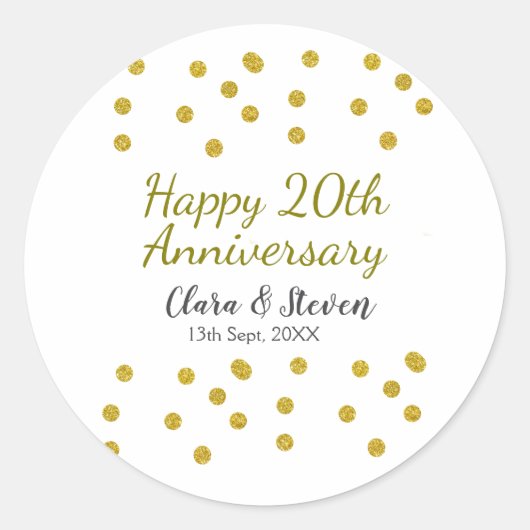 Golden dots glitter happy 20th anniversary wedding runder aufkleber (Vorderseite)