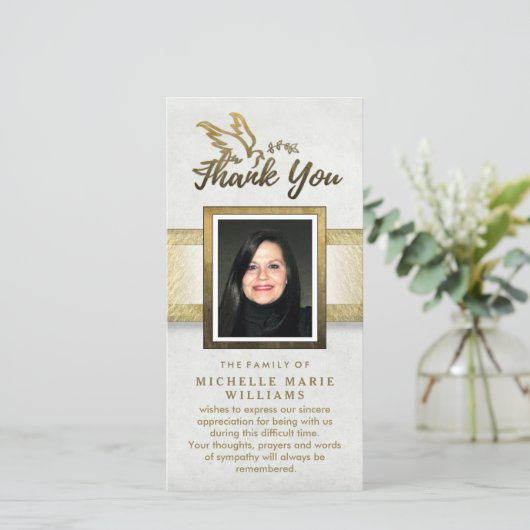 Golden Dove Custom Foto Memorial Danke Karte (Stehend Vorderseite)