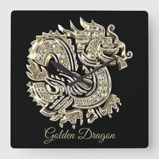 Golden Dragon Black and Gold Elegant Add Name Quadratische Wanduhr (Vorderseite)