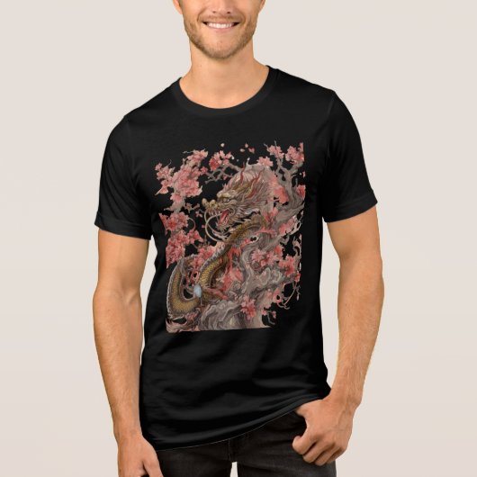 Golden Dragon in Sakura Tree Artwork Tri-Blend Shirt (Vorderseite)