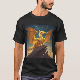 Golden Dragon Perched on a Cliff Under Starry Sky T-Shirt