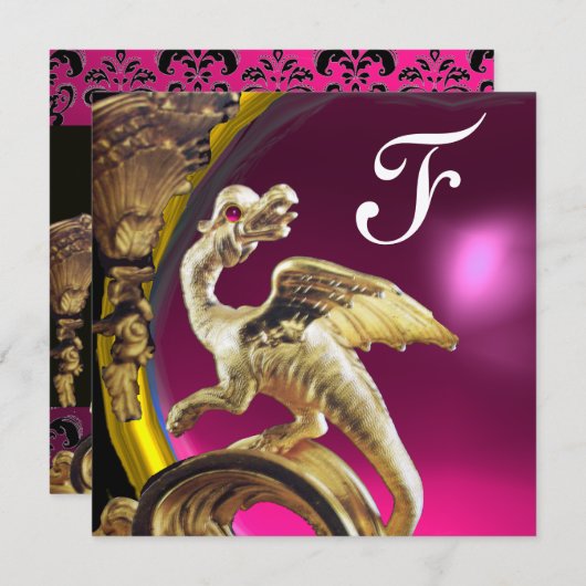 GOLDEN DRAGON PINK FUCHSIA AMETHYST Monogram Gold Einladung (Vorne/Hinten)