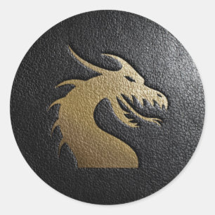 Golden Dragon Silhouette auf schwarzem Leder Runder Aufkleber