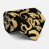 Golden Dragons Pattern Black BG Krawatte (Gerollt)