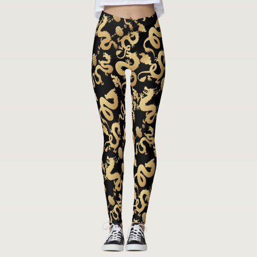Golden Dragons Pattern Black BG Leggings (Vorderseite)