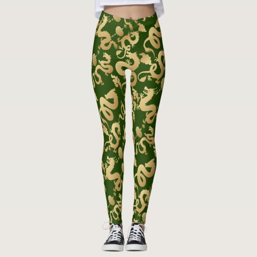 Golden Dragons Pattern D Green BG Leggings (Vorderseite)