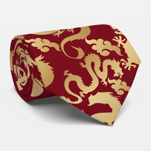 Golden Dragons Pattern D Red BG Krawatte (Gerollt)