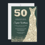 Golden Dress Womans 50th Birthday Party Green Einladung<br><div class="desc">Golden Dress Womans 50th Birthday Party Green Invitation Celebrate a milestone with style and elegance! This 50th birthday party invitation showcases a stunning golden dress, signifying grace and sophistication. Set against a deep green backdrop, the sparkling gold details provide a touch of luxury. Invite your loved ones to a memorable...</div>