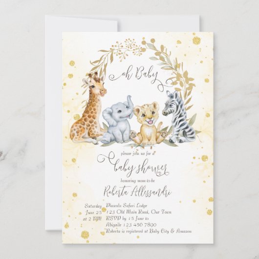 Golden Dschungel Savanna Safari Tiere Babydusche Einladung (Vorderseite)