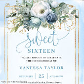 Golden Dusty Blue White Floral Sweet 16 Einladung