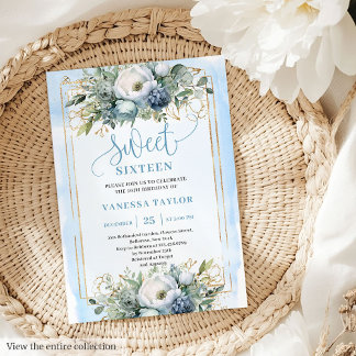 Golden Dusty Blue White Floral Sweet 16 Einladung