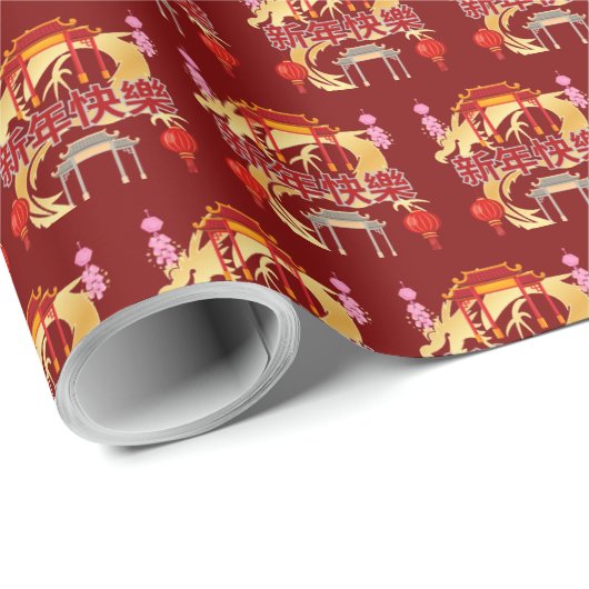 Golden Dynasty Bloom deep red Geschenkpapier (Rolleneckpunkt)