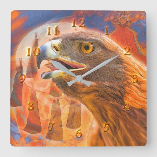 GOLDEN EAGLE ruft alle Kachina-Uhr auf Quadratische Wanduhr (Vorderseite)