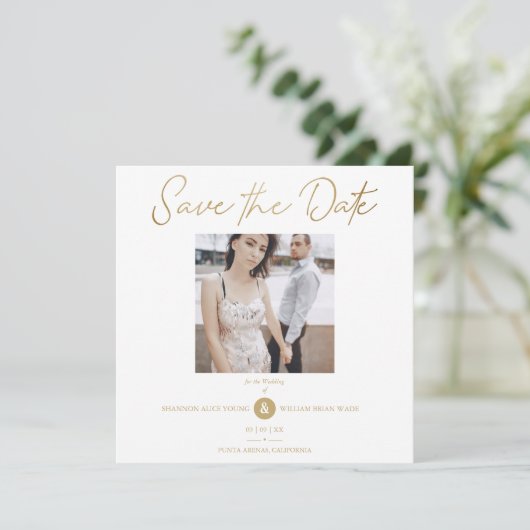 Golden Effect Elegant Custom Photo Wedding Save The Date (Stehend Vorderseite)