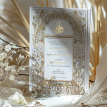 Golden Elegance Jugendstil-Hochzeit Folieneinladung<br><div class="desc">Diese exquisite islamische Hochzeitskarte strahlt Eleganz mit ihrem Jugendstil-inspirierten Design aus. Das Imitat ist in den Farben Gold und Weiß gehalten und bietet eine Touch von Luxus und Eleganz. Die Vorderseite der Einladung zeigt ein kompliziertes Muster goldener Wirbel und weißer Blumen, die einen wunderschön geschriebenen arabischen Bismillah im kalligraphischen Stil...</div>