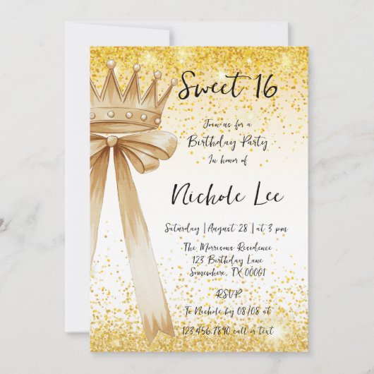 Golden & Elegance: Sweet 16 Crown & Bow Einladung (Vorderseite)