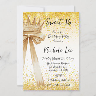 Golden & Elegance: Sweet 16 Crown & Bow Einladung