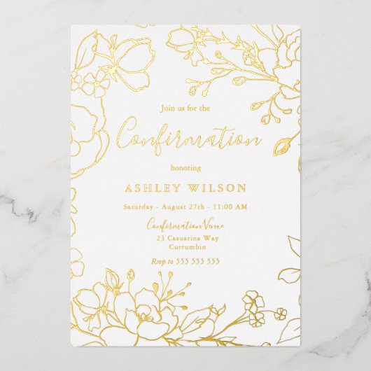 Golden Elegant Weißes Modern Confirmation Real Gol Folieneinladung (Vorderseite)