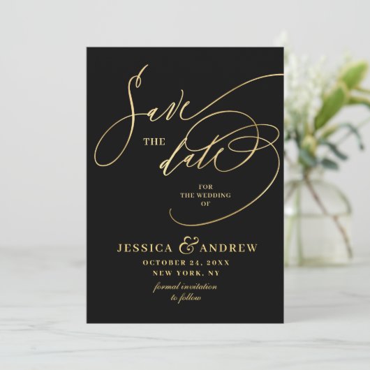 Golden Elegante Calligrafy Wedding Save the Date (Stehend Vorderseite)