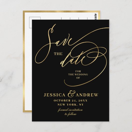 Golden Elegante Calligrafy Wedding Save the Date Postkarte (Vorne/Hinten)