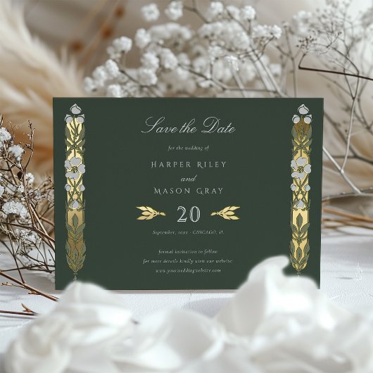 Golden Elegante Jugendstil-Save the Date-Karte Folieneinladung