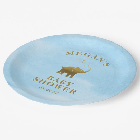 Golden Elephant Blue Watercolor Babydusche Pappteller (Schrägansicht)