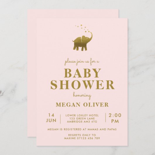 Golden Elephant Blush Pink Baby Dusche Einladung (Vorne/Hinten)