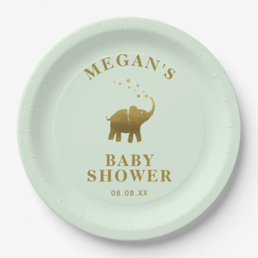 Golden Elephant Mint Green Baby Dusche Pappteller (Vorderseite)