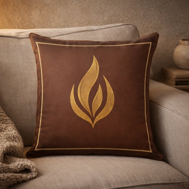 Golden Ember Glow Throw Pillow Kissen (Warm brown and gold flame accent for layered neutral living spaces.)