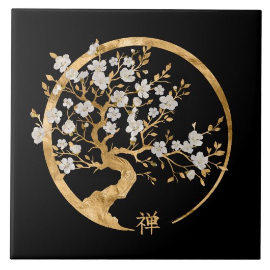 Golden Enso Zen Circle Sakura Fliese (Vorderseite)