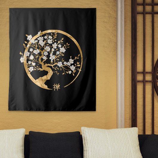 Golden Enso Zen Circle Sakura Wandteppich