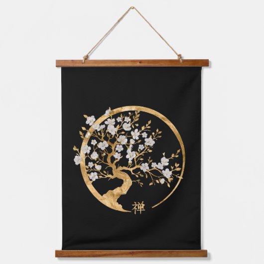 Golden Enso Zen Circle Sakura Wandteppich Mit Holzrahmen (Vorderseite)