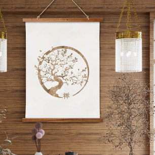 Golden Enso Zen Circle Sakura Wandteppich Mit Holzrahmen