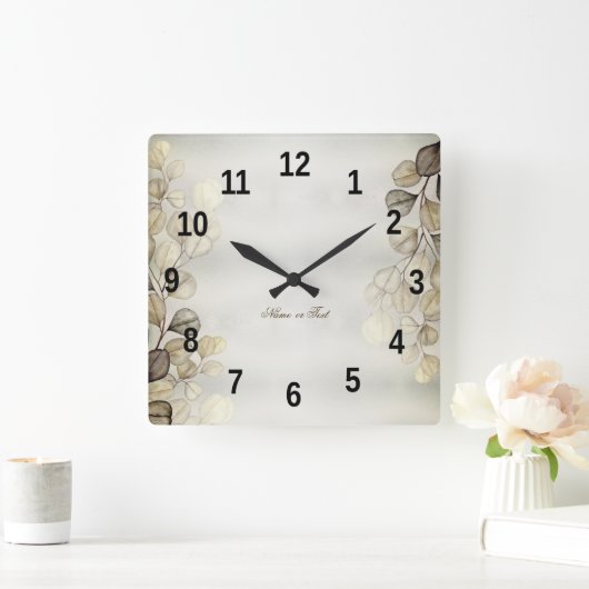 Golden Eucalyptus Foliage Shiny Elegante Quadratische Wanduhr (Zuhause)