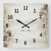 Golden Eucalyptus Foliage Shiny Elegante Quadratische Wanduhr (Vorderseite)