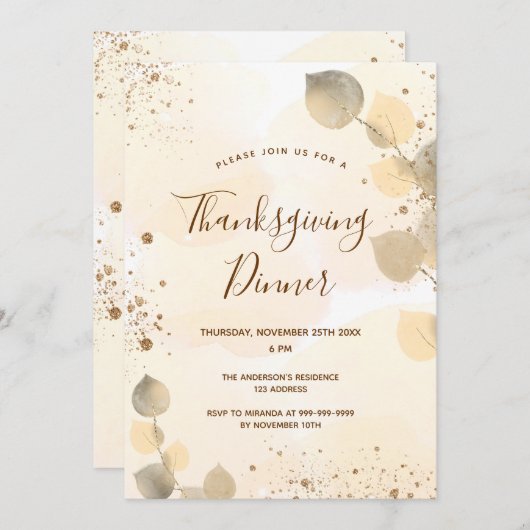 Golden eucalyptus folioof Erntedank Abendessen Einladung (Vorne/Hinten)