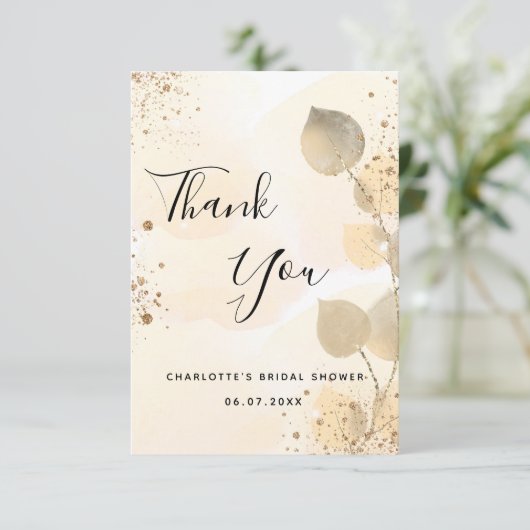Golden Eukalyptus Moderner Glitzer Brautparty Dankeskarte (Stehend Vorderseite)