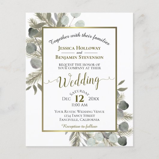 Golden Eukalyptus & Pine BUDGET Hochzeit Einladung (Vorderseite)