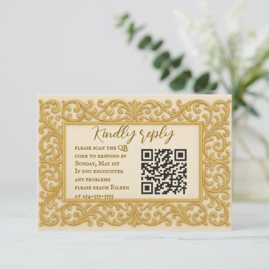 Golden Ever after QR Code Wedding RSVP Card (Stehend Vorderseite)