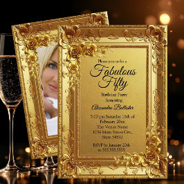 Golden Fabulous Elegant Birthday Photo Gold Floral Einladung