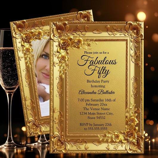 Golden Fabulous Elegant Birthday Photo Gold Floral Einladung