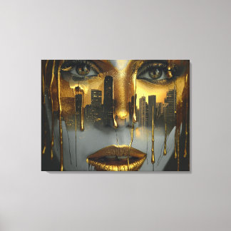 Golden Face Surrealist City Urban Digital Art Leinwanddruck