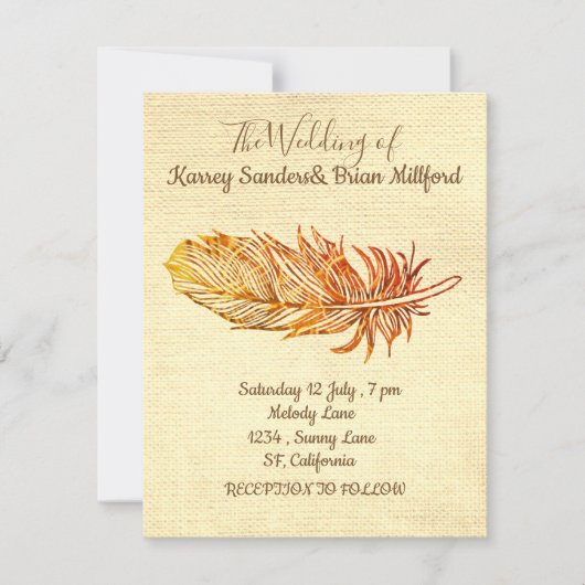 Golden Feather Leinwand Wedding Card Einladung (Vorderseite)