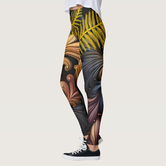 Golden Feathers Abstrakt Art Vibrannt Dark Pattern Leggings (Links)