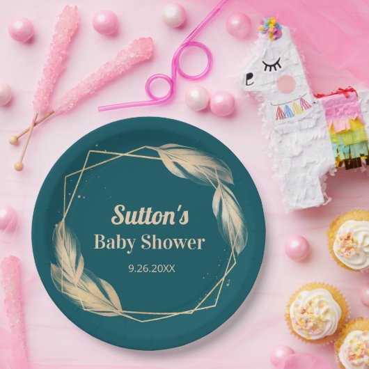 Golden Feathers on Aquamarin Baby Shower Pappteller (Party)