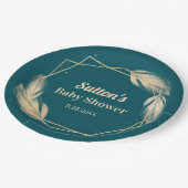 Golden Feathers on Aquamarin Baby Shower Pappteller (Schrägansicht)