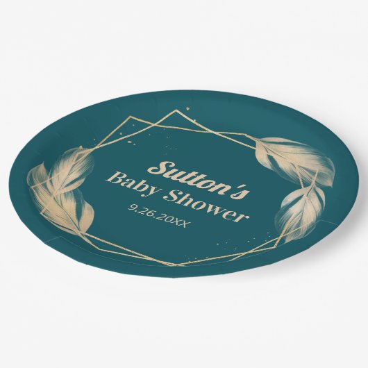 Golden Feathers on Aquamarin Baby Shower Pappteller (Schrägansicht)