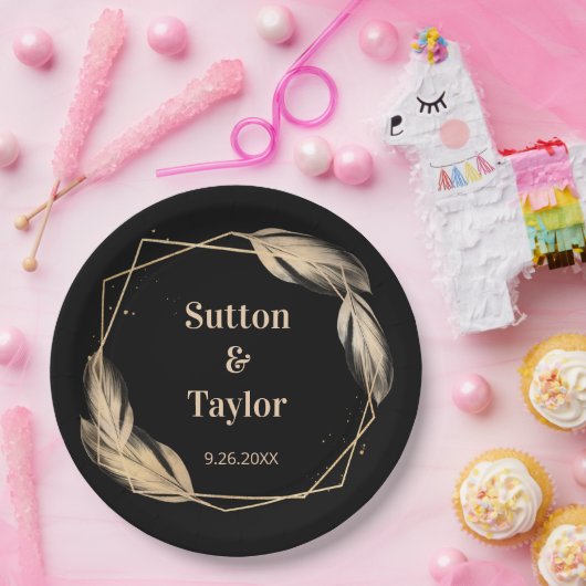 Golden Feathers on Black Probe Dinner Pappteller (Party)