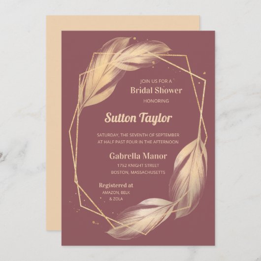 Golden Feathers on Mauve Brautparty Einladung (Vorne/Hinten)