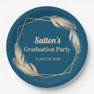 Golden Feathers on Navy Graduation Party Pappteller